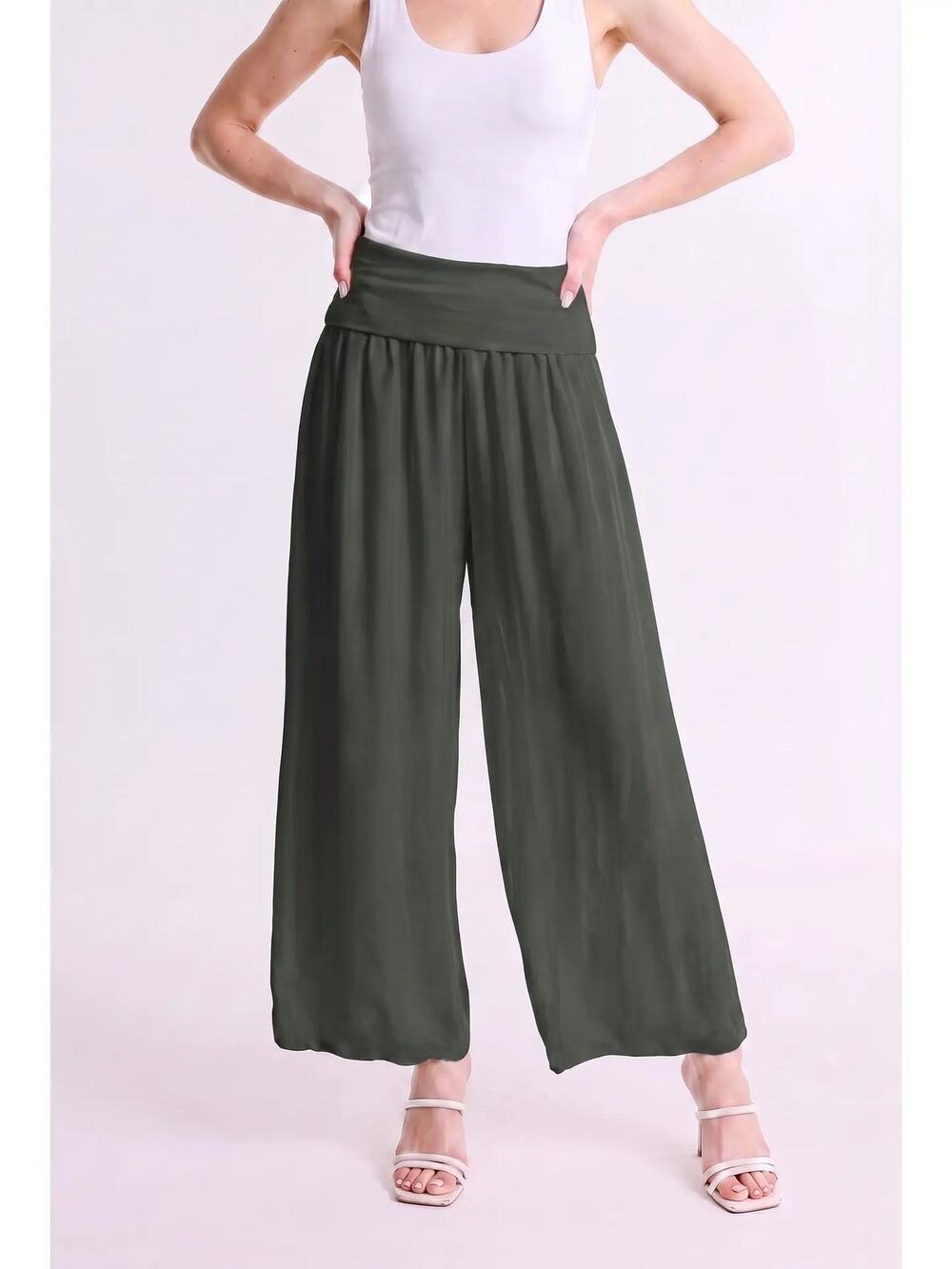 NWT Tina Stephens Mercedes Silk Pant Made Italy One Size Army GREEN